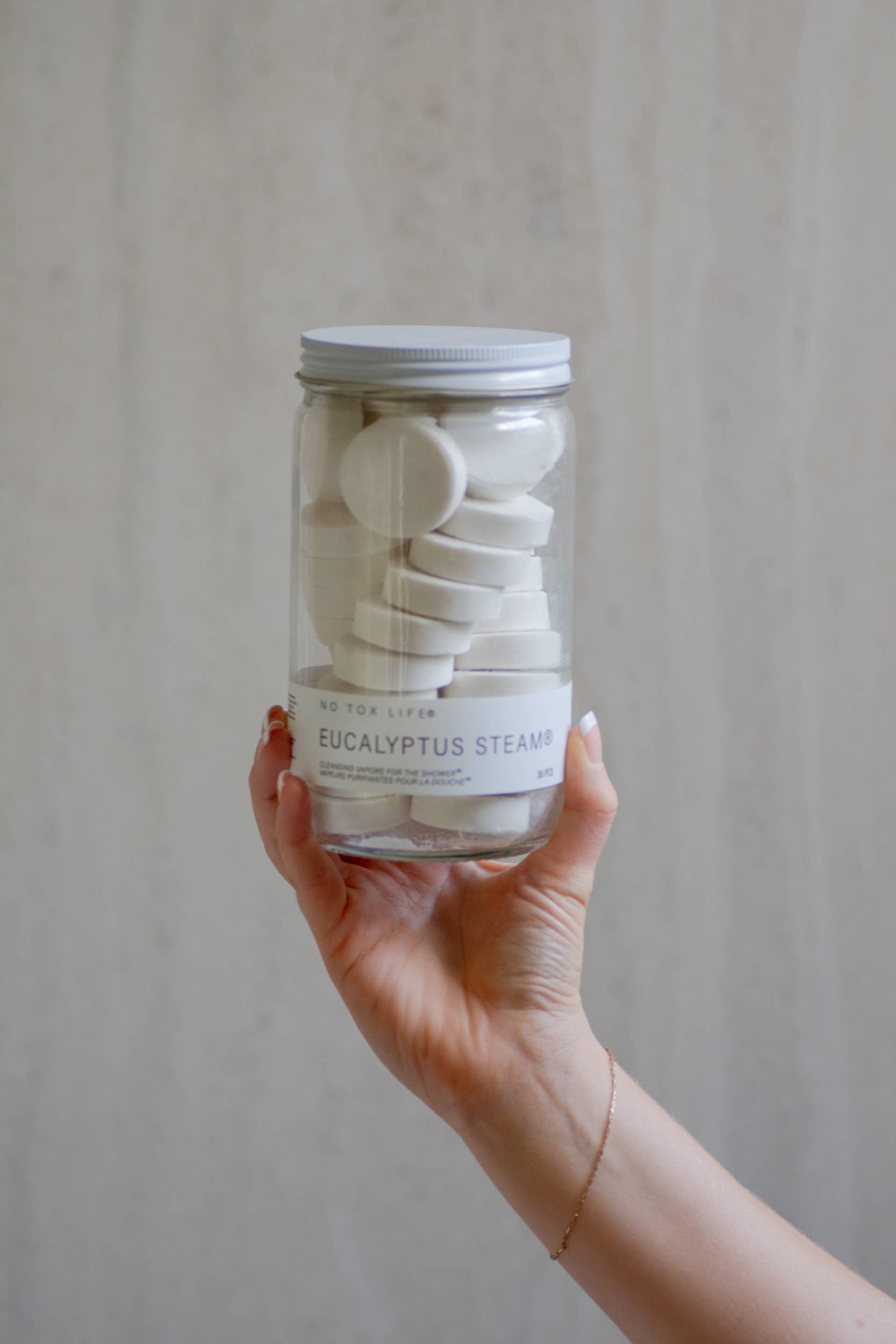 No Tox Life – Engroshandel Brusefordamper/bombe – EUCALYPTUS STEAM® Rensende dampe til brusebadet - Stor glasbeholder - No Tox Life1