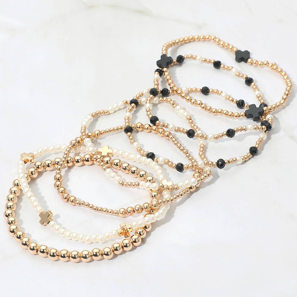 Sensibling Corp. - Wholesale Jewelry Set - 7PCS - Cross Pearl Metal Ball Beaded Stretch Multi Layered Bracelets12