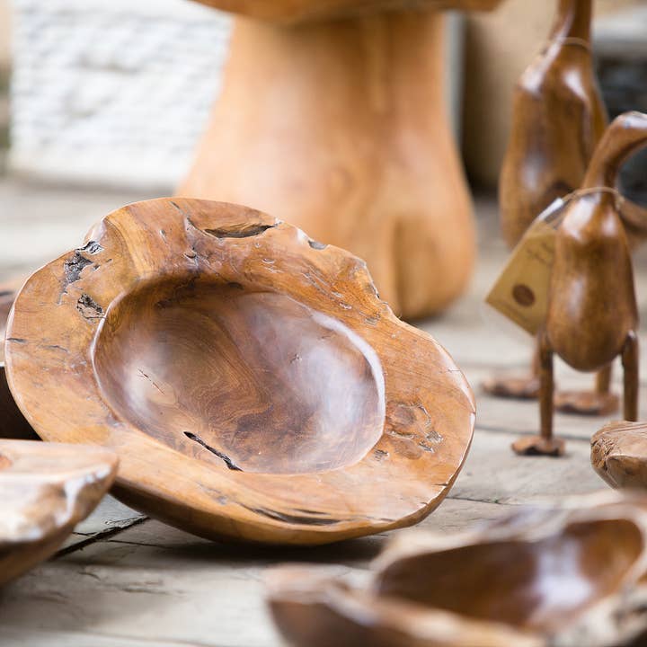 Round Teak Root Bowls for wholesale by Garden Age Supply