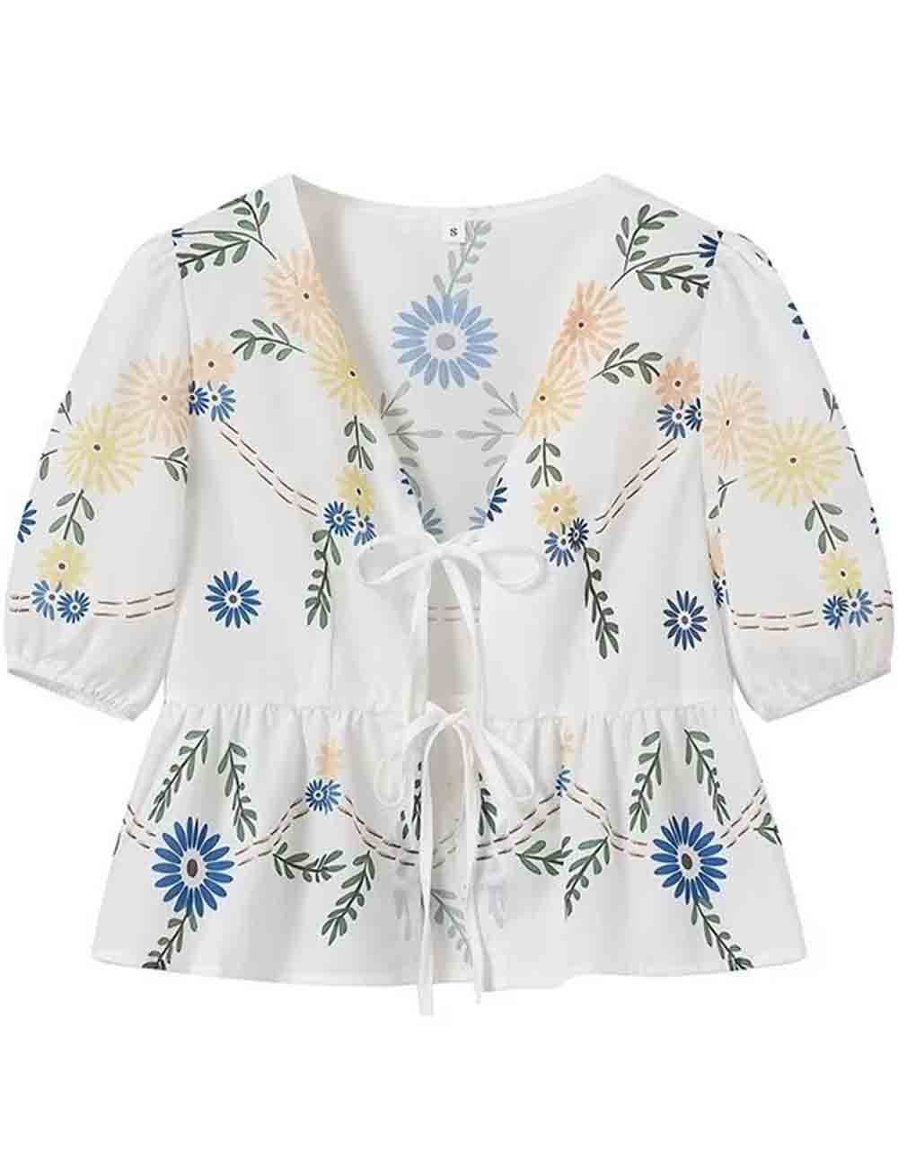 Sweetkama - Wholesale Blouse - Women's - Ladies Floral Print Front Bowknot Short Sleeves Puff Blouse5