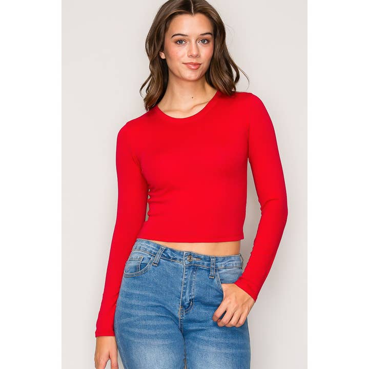 Popular 21 - Wholesale Knit Top - Women's - Crew Neck Long Sleeve Cotton Cropped Knit Top