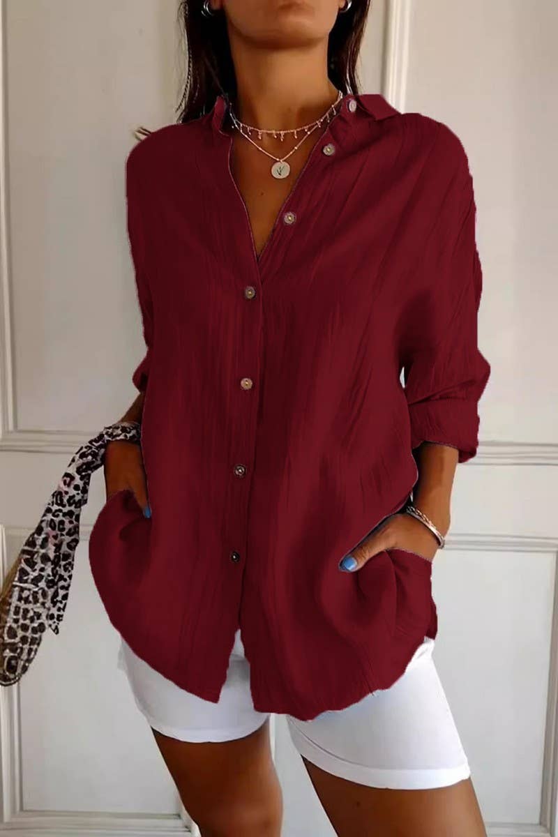 NINEXIS - Wholesale Shirt - Women's - CWTSTL2281_SOLID COLOR SINGLE BREASTED PLEATED LAPEL SHIRT9