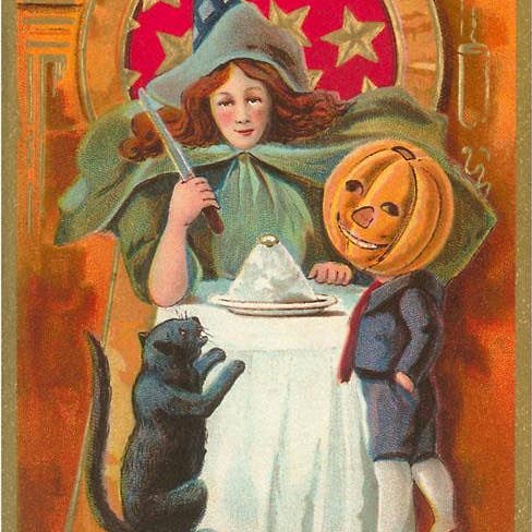 Art Print HW-105 Old Fashioned Halloween, Witch, Cat, Jack O for wholesale by Found Image Press