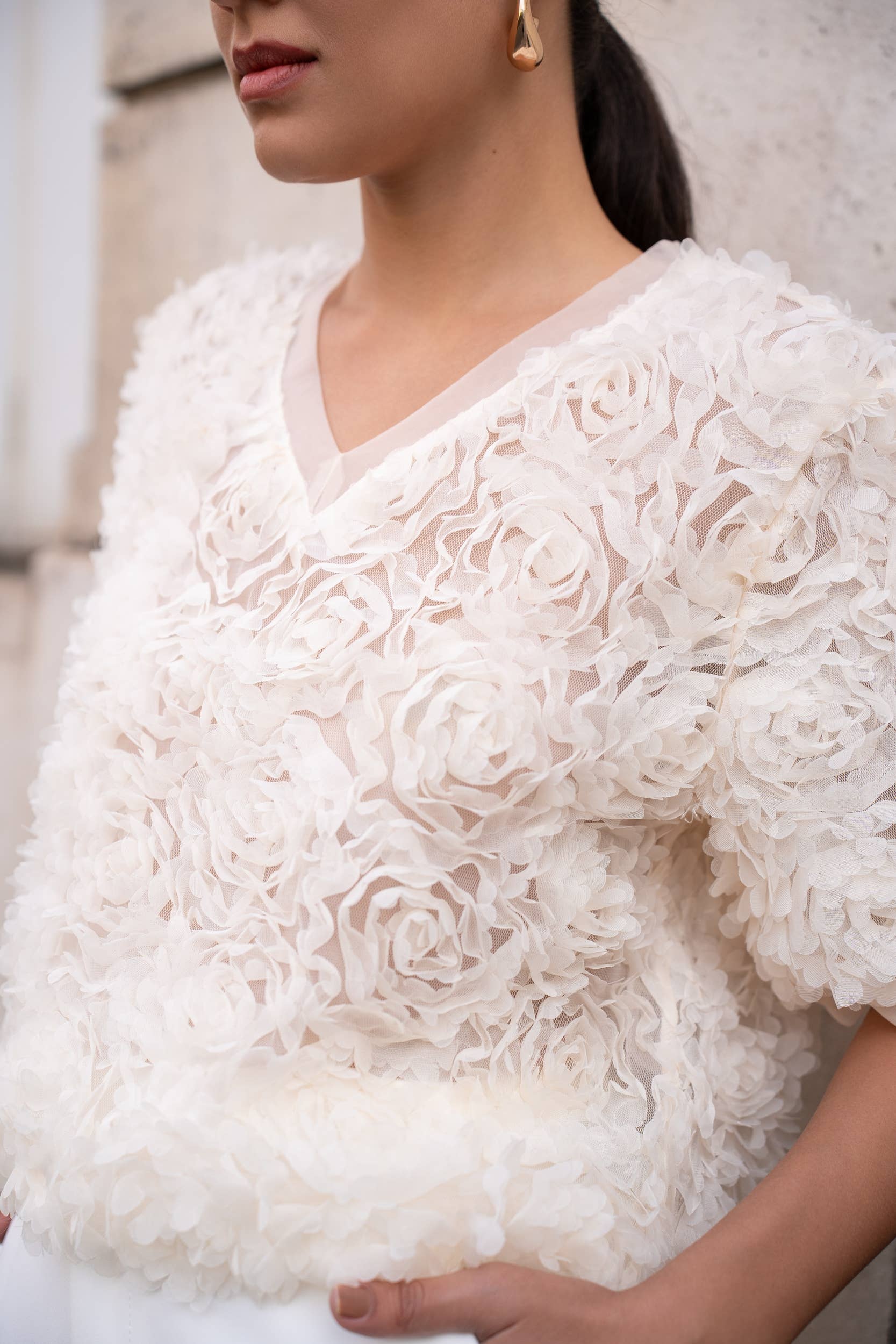 CHOKLATE PARIS – Blusa - Mulher por atacado – Blusa texturizada de mangas curtas com decote em V - CK083891