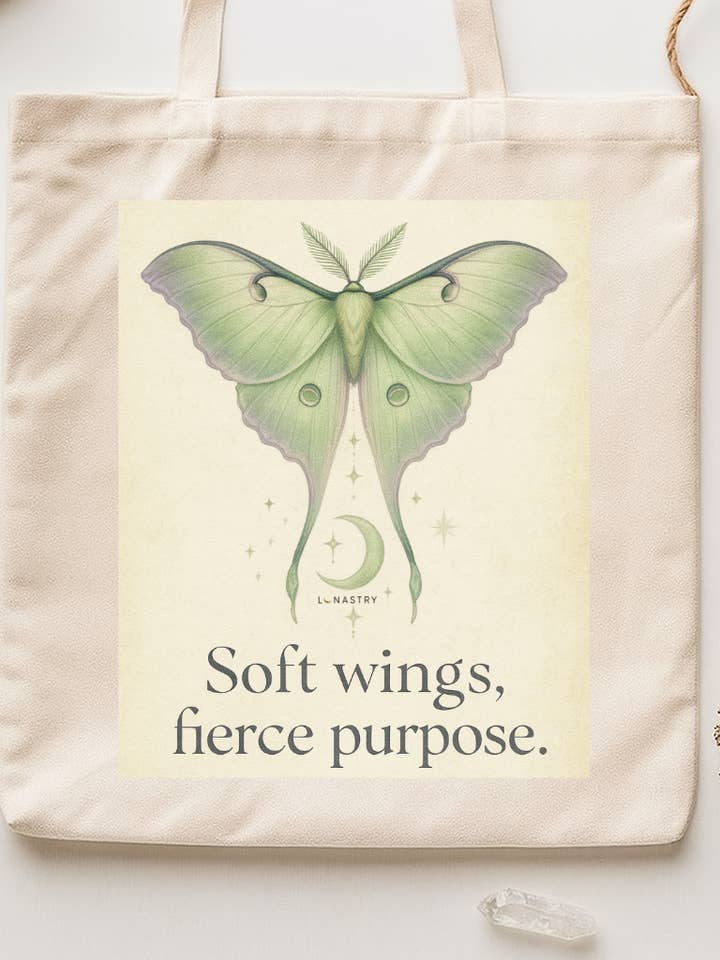 Soft Wings, Fierce Purpose Lunar Moth Tote Bag  for wholesale by Lunastry