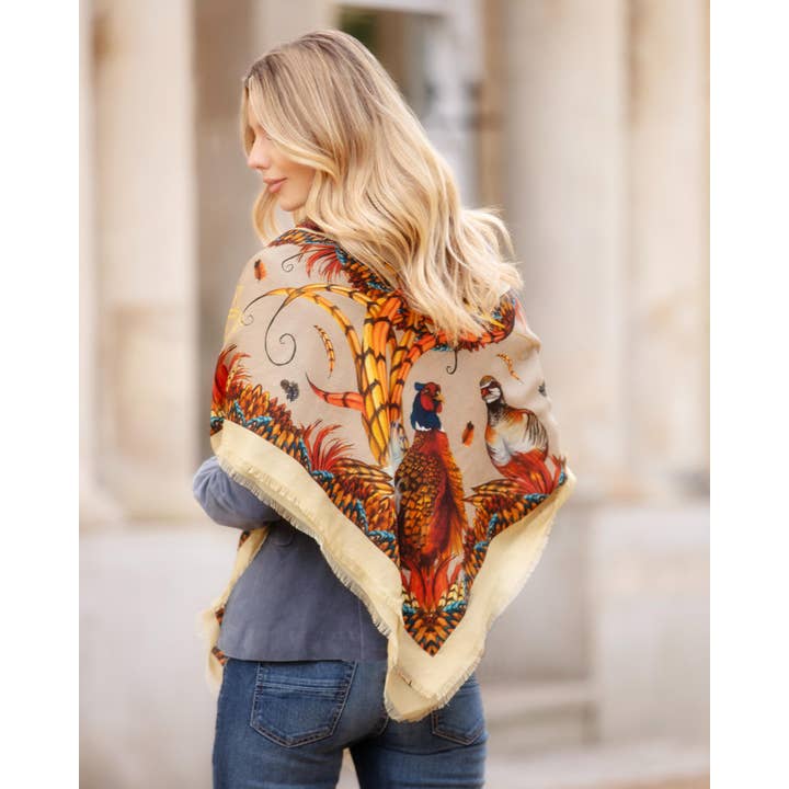 Heads or Tails Toffee Gold Wool Silk Shawl Scarf for wholesale by Clare Haggas