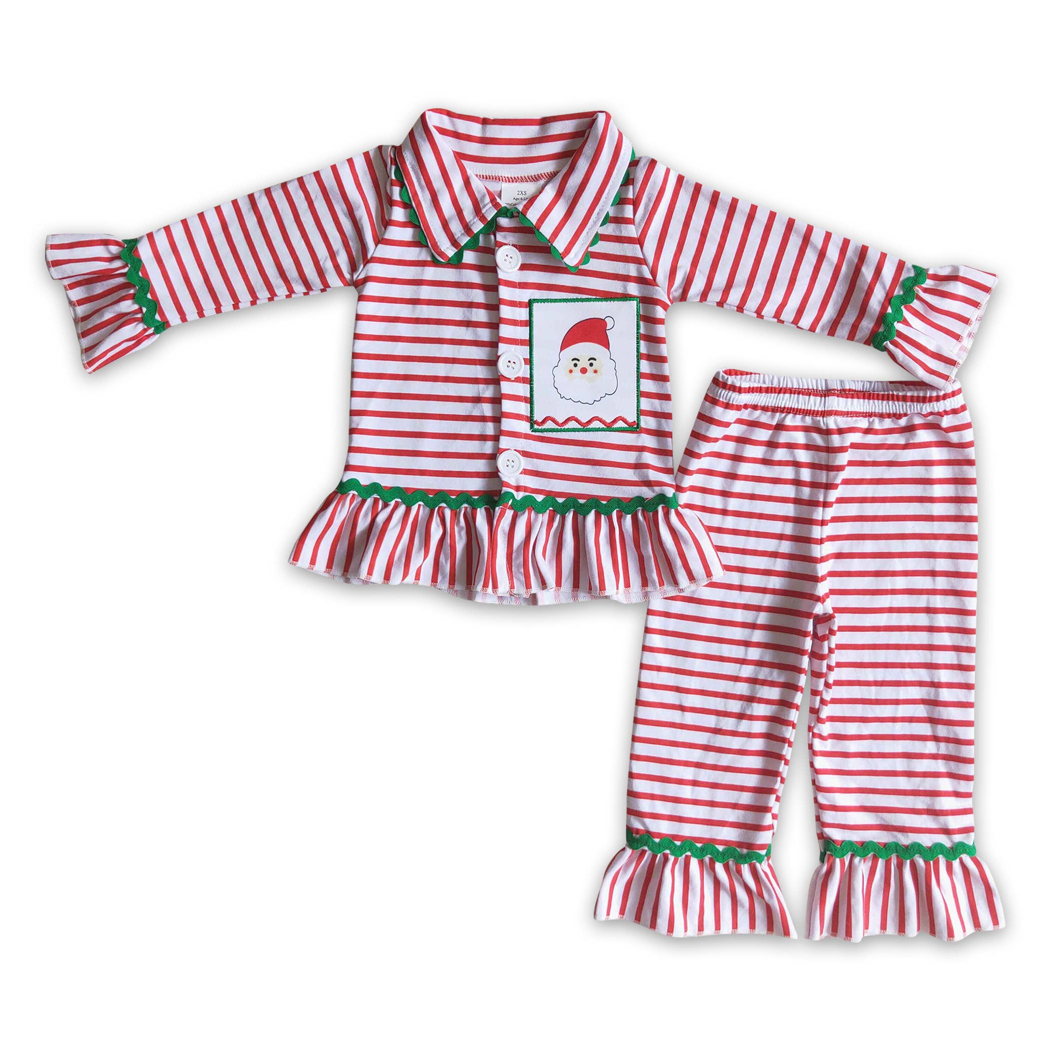 Yawoo Garments - Wholesale Sleepwear Set - Kids - Santa embroidery cotton stripe girls Christmas pjs0