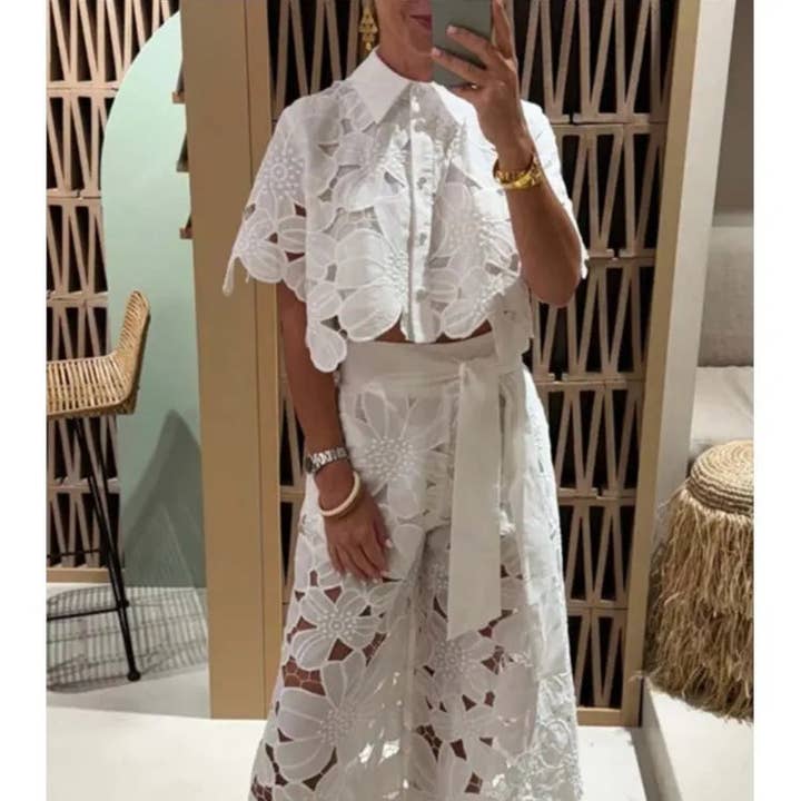 Sexy 2-delige set met revers en wijde broek voor dames, effen kleur, elegant, casual, opengewerkt voor wholesale door Queenshopbeauty