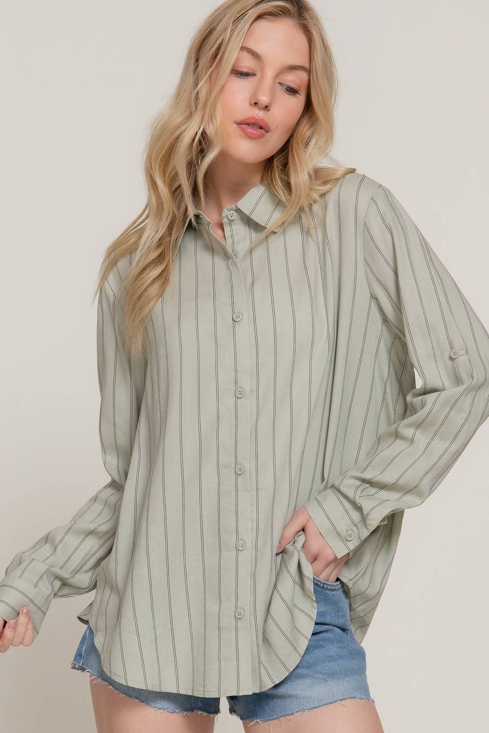 Active Basic | Active USA - Wholesale Button Down Shirt - Women's - Long Sleeve Button Down Stripe Linen Oversized Shirt25