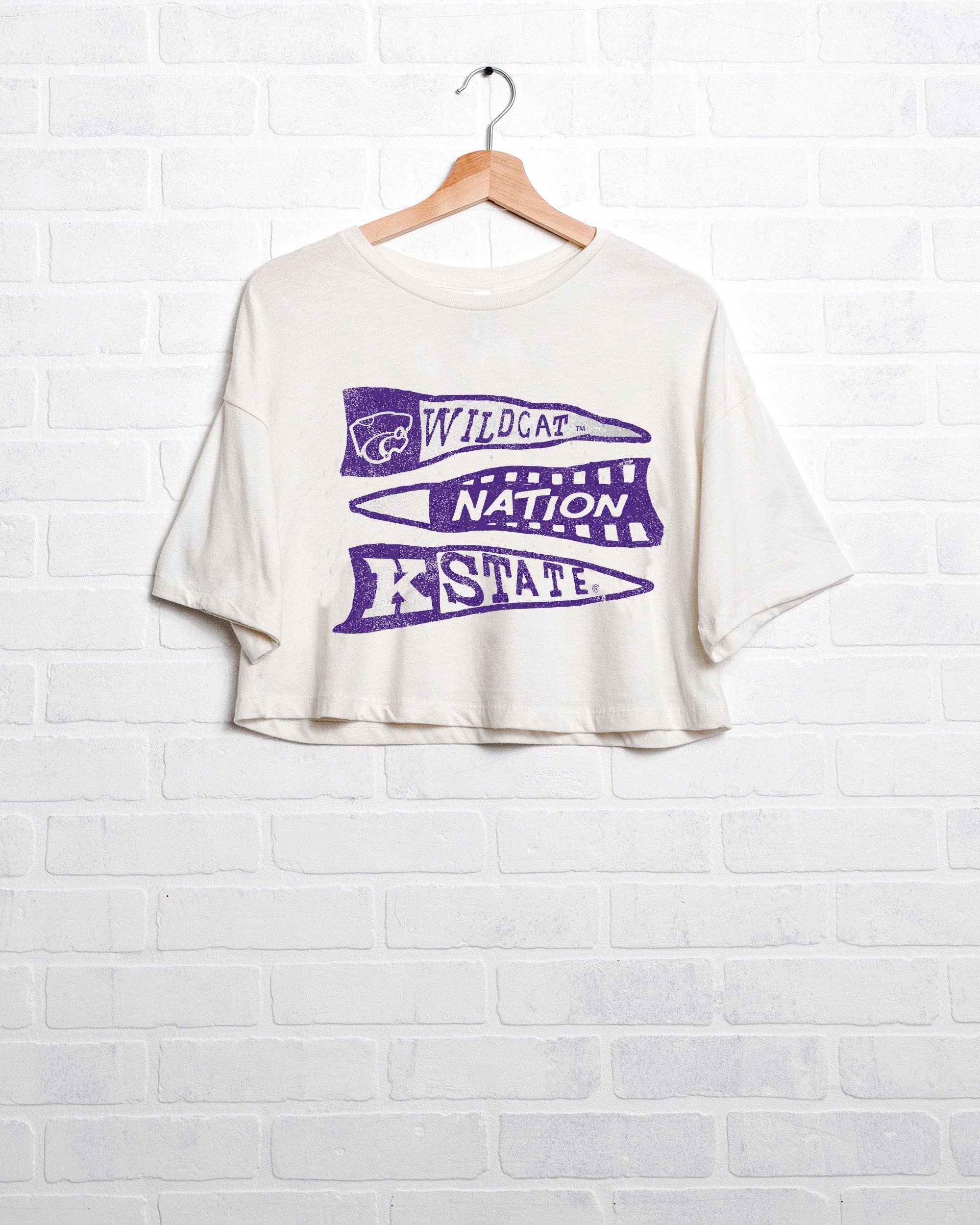 LivyLu - Wholesale Screen Printed T-Shirt - Women's - Kansas State Wildcats Pennant Off White Cropped Tee
