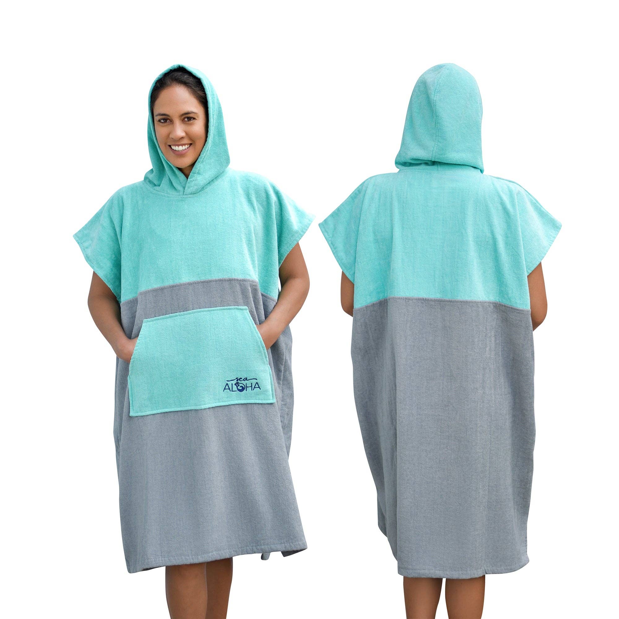 REMOVED BRAND - Wholesale Poncho - Unisex - Terry Velour Surf Poncho (Turquoise/Gray)1