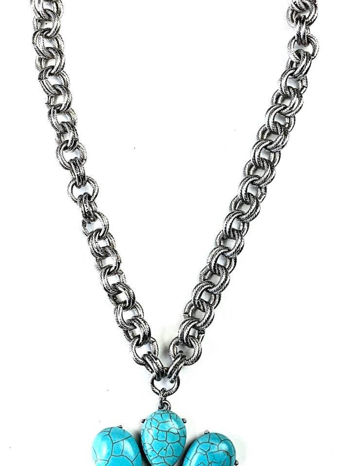 SF597 NK THICK CHAIN W/TURQ FLOWER PENDANT for wholesale by Lost & Found Trading
