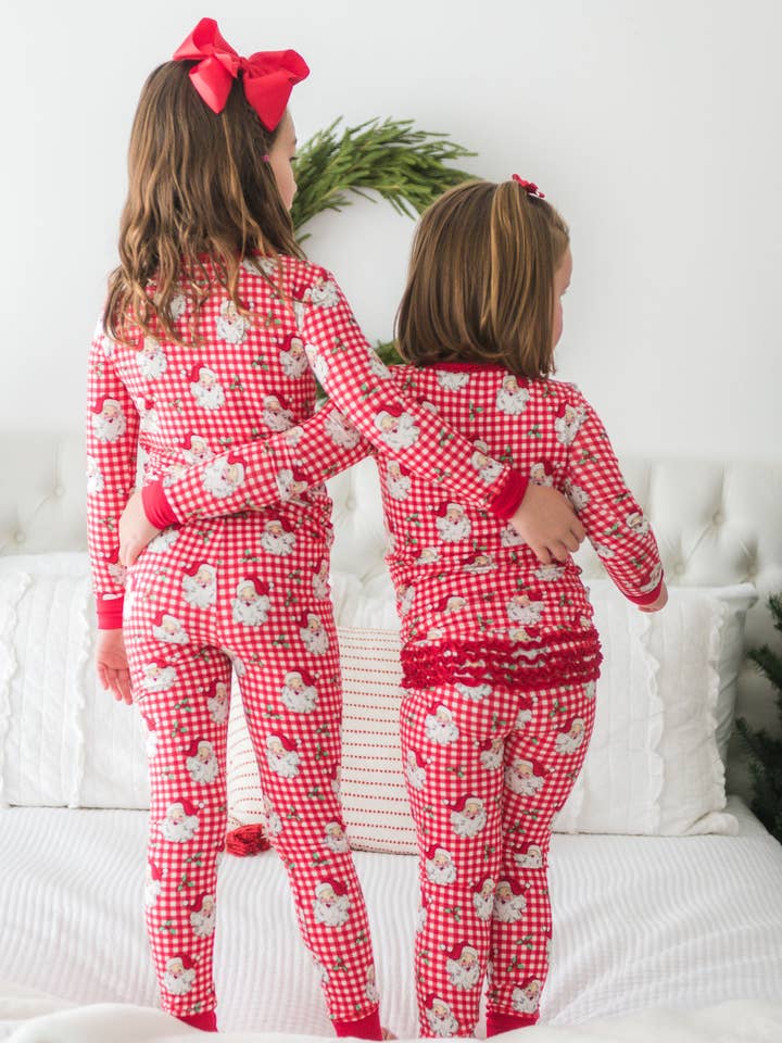 SoftSnooze™ Toddler Girls Bamboo Viscose Red Dear Santa Ruffle Long Sleeve Pajama Set with Signature Rear Ruffles
 for wholesale by RuffleButts + RuggedButts