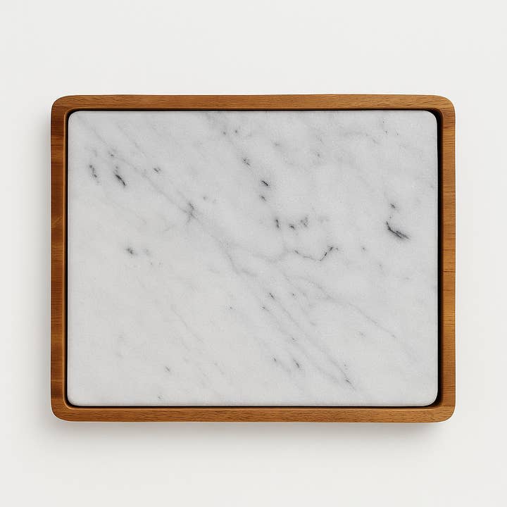 Kalu Creations - Wholesale Serving tray - Duo – Elegant Tray in Teak Wood and White Marble