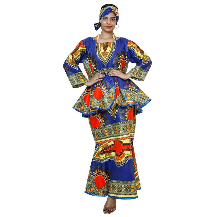 African Stars - Wholesale Top & Skirt Set - Women's - African Women's Dashiki Long Sleeve Peplum Skirt Set -- FI-3009D8