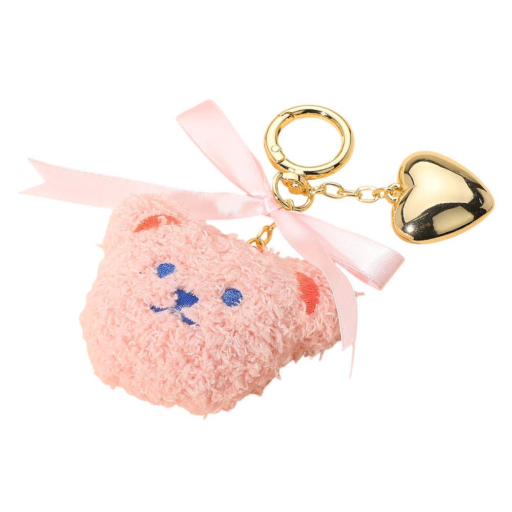 Sensibling Corp. - Wholesale Keychain - Women's - Bow Metal Heart Charm Fluffy Teddy Bear Face Plush Doll Keychain / Bag Charm5