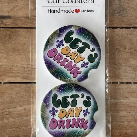Let's Day Drink Mardi Gras Ceramic Car Coaster for wholesale by TopShelf Designs LLC