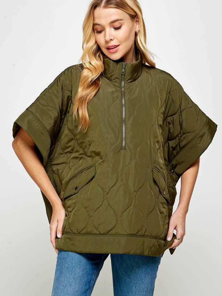 Ellison - Wholesale Poncho - Women's - KJ-1379-6 OVERSIZED QUILTED PONCHO OLIVE
