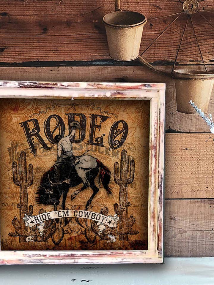 Rodeo/Ride 'Em Cowboy — quadratisches Kunstwerk für den Großhandel von TroubleMaker Trading Company