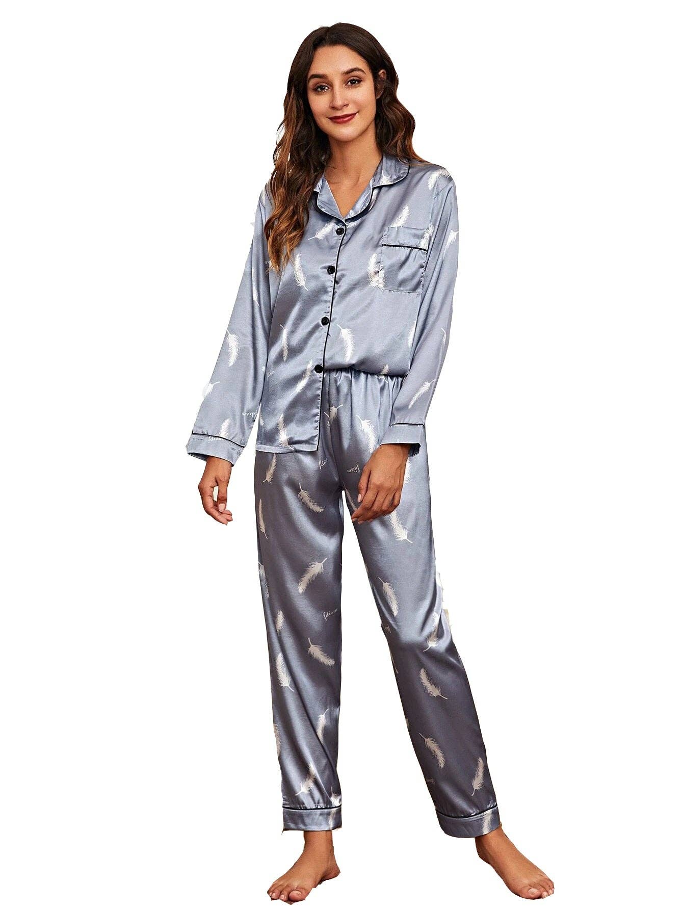 pinkblu02 - Wholesale Pyjamaset - Dames - Dames Casual Satijnen Pyjamaset met Lange Mouwen en Revers4