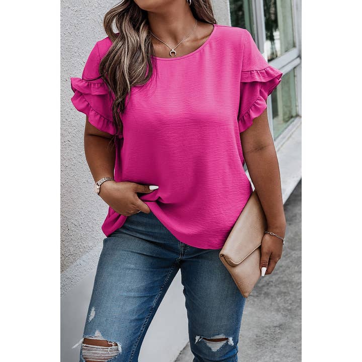 FUCHSIA Plus Size Round Neck Ruffle Solid Loose Shirt for wholesale on Faire