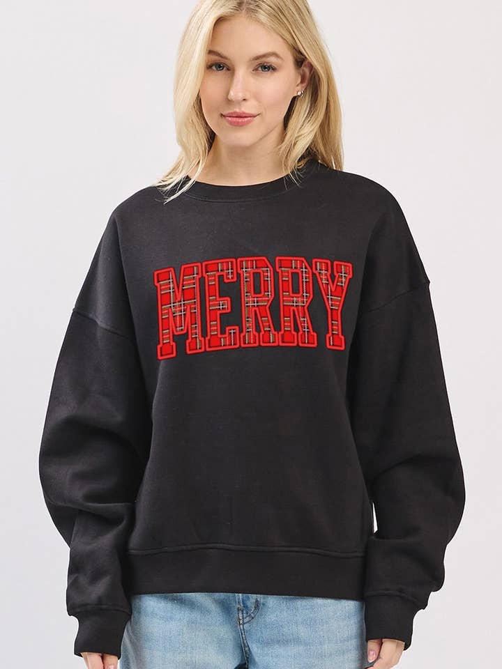 PUFF' Merry Christmas Tartan Graphic L/S Fleece Sweatshirts for wholesale by Zutter