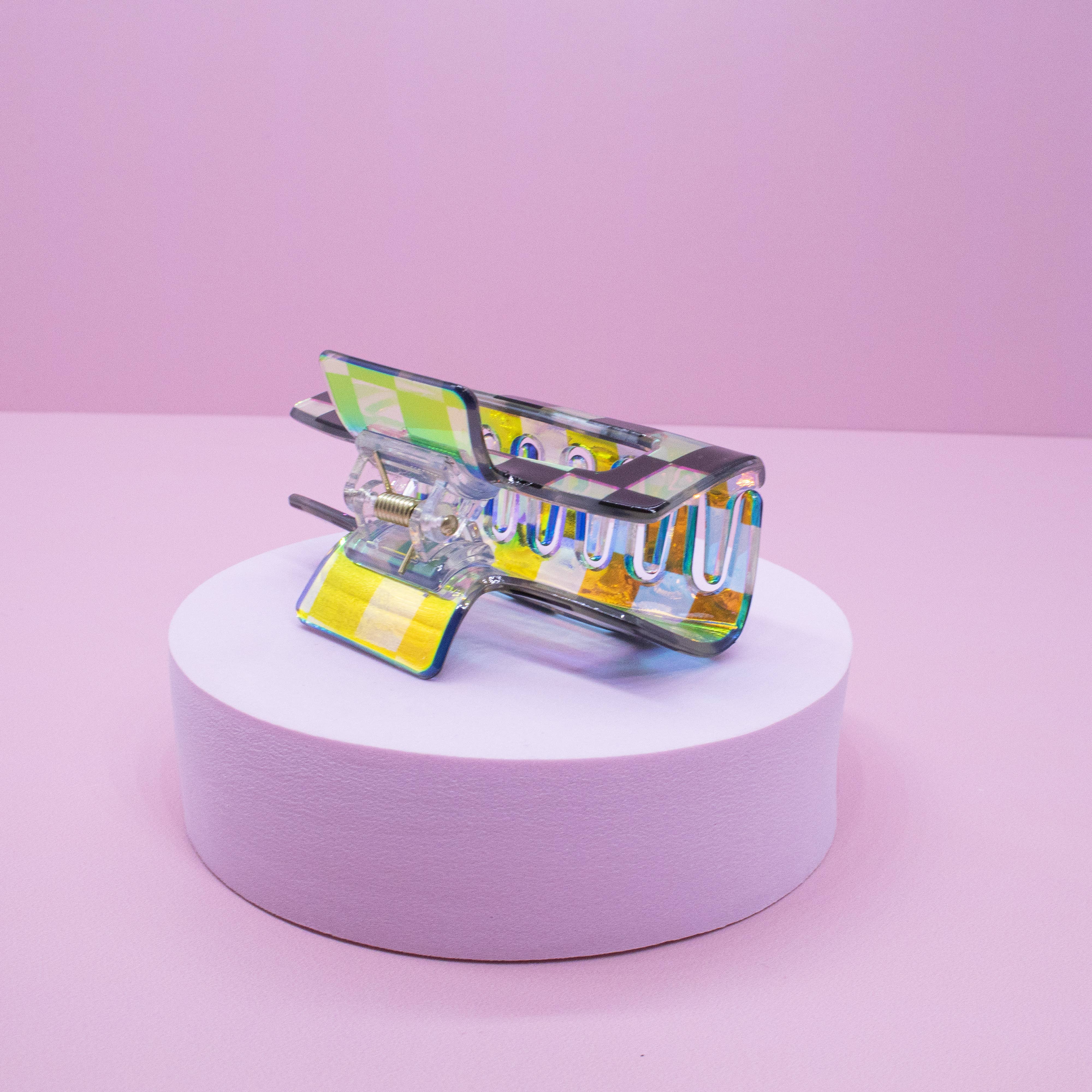 Frog Sac - Wholesale Hair Clip - Women's - Medium Square Iridescent Checkered Hair Claw Clip10