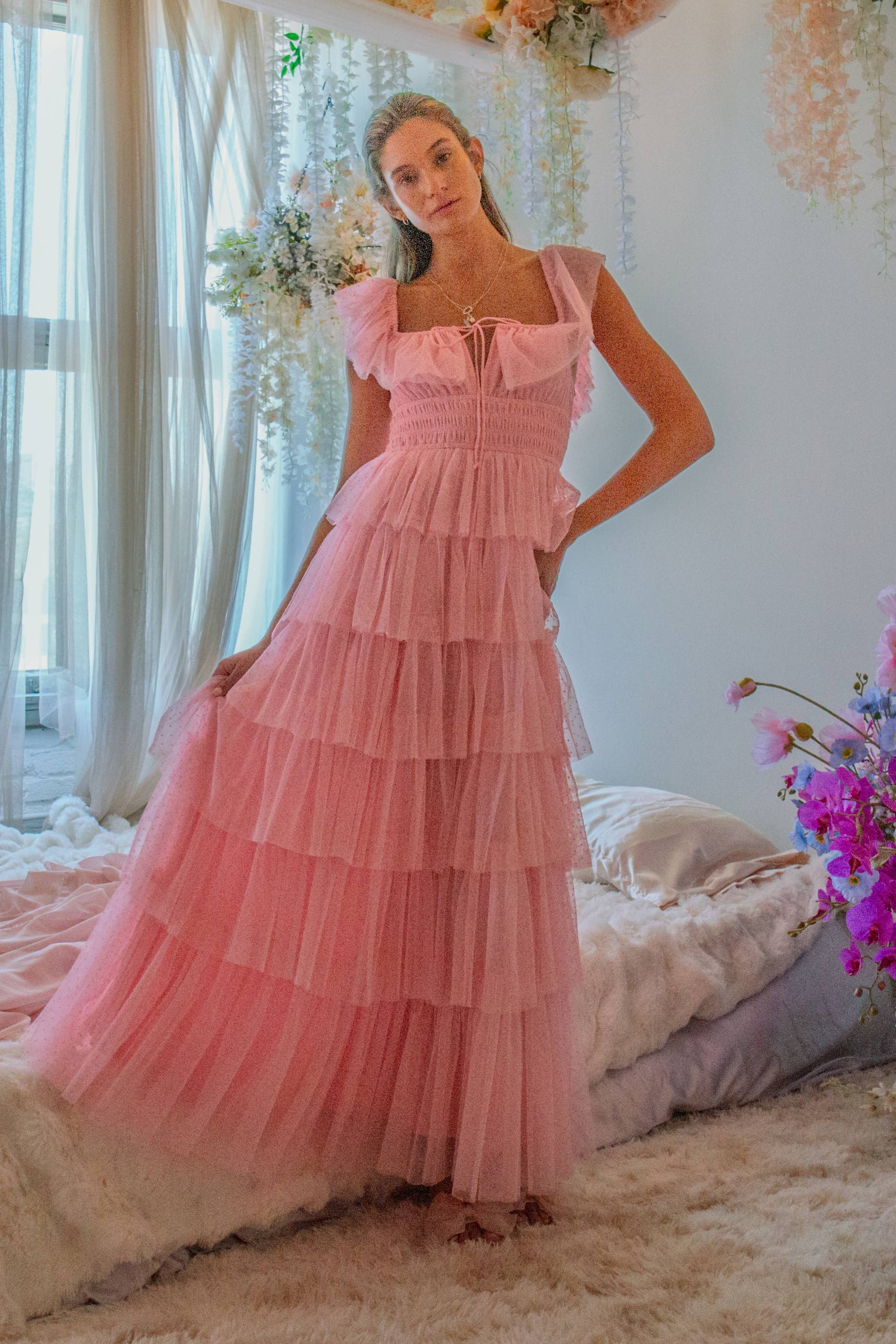 DUSTY ROSE - Venta al por mayor Vestido - Mujer - Vestido largo de tul con lunares en capas Whimsy5