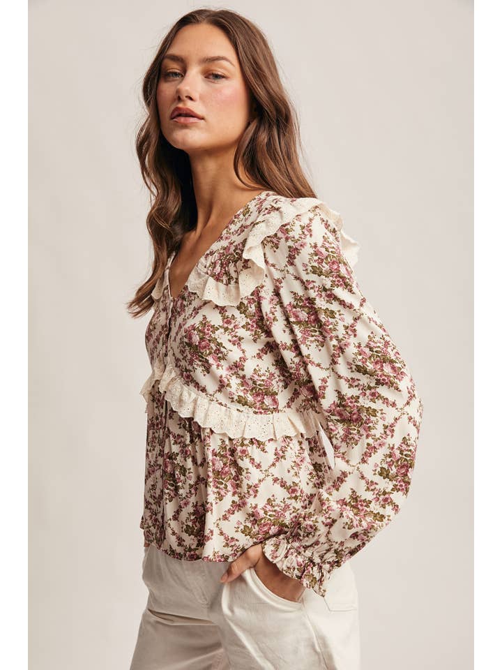 Forte - Wholesale Blouse – Women’s - Eyelet Ruffle Floral Peplum Blouse FT00125