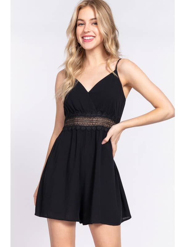 Active Basic | Active USA - Wholesale Romper - Women's - V-neck With Wrap Waist Lace Trim Back Cross Strap