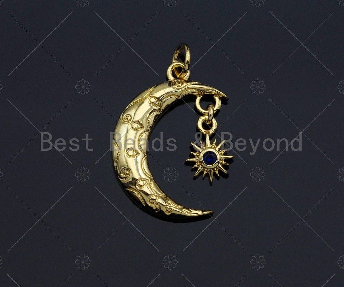 BestBeads&Beyond - Wholesale Individual Charm/Pendant - Cobalt CZ Micro Pave Cresent Moon With North Star Shape Pendant Charm, Cubic Zirconia Moon Charm,15x22mm,Sku#LK1581