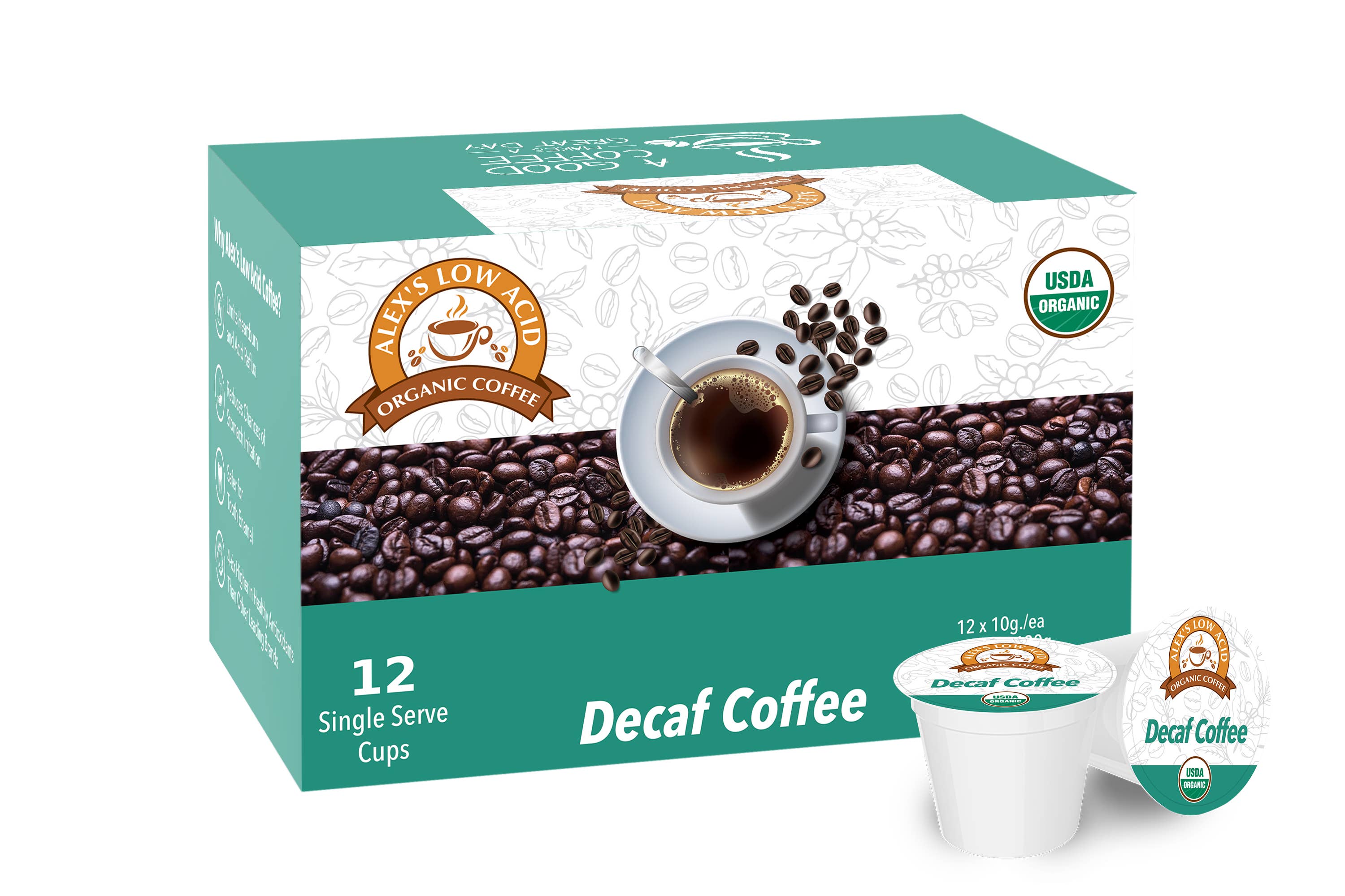 Alex's Low-Acid Organic Coffee - Vendita all'ingrosso Caffè macinato - Tazze K-Cups da caffè biologico a bassa acidità di Alex - Decaffeinato