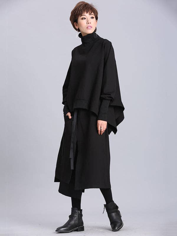 BLACK Solid Color Asymmetric High-Neck Loose Batwing Sleeve Sweatshirt for wholesale on Faire