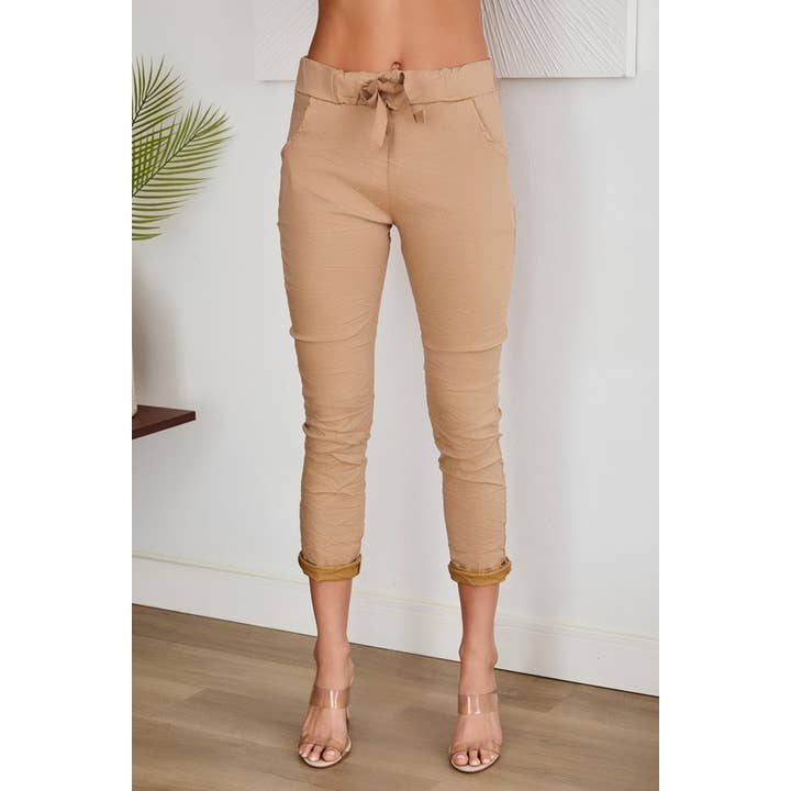 DRAWSTRING SOLID CRINKLE JOGGERS (21449-SOLID) for wholesale by VENTI6