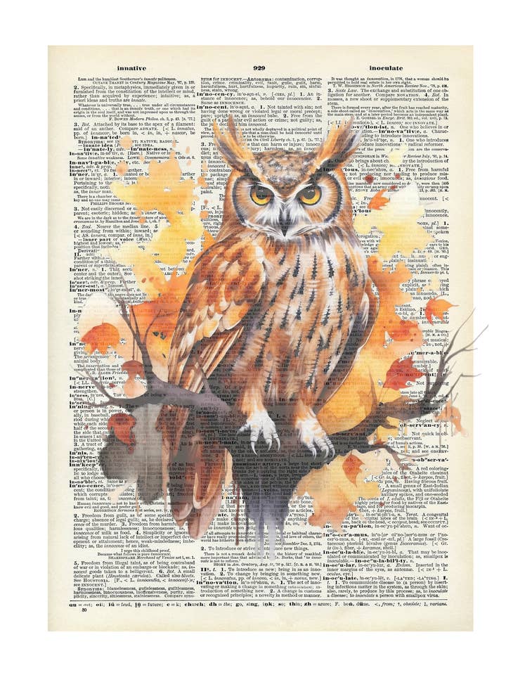 Gufo, autunno, autunno, vintage, stampe di dizionario per la vendita all'ingrosso da parte di Crazilyhumbledesigns