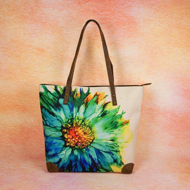 Sac fourre-tout en toile classique fait main délicat avec tournesol et saphir pour la vente par ANNGOTI