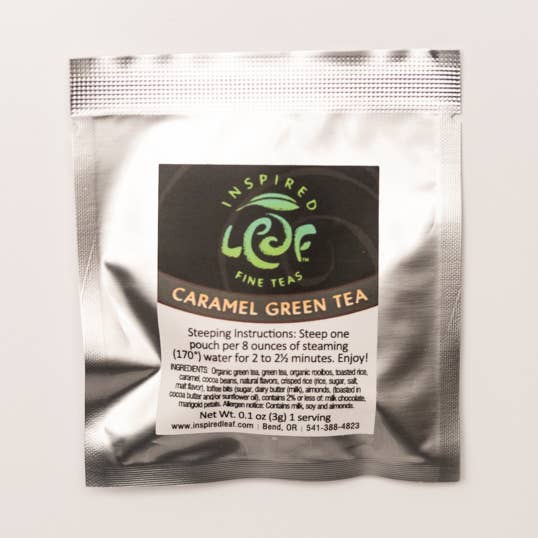 Caramel Green single pyramid packet box of 20 for wholesale by Inspired Leaf Teas