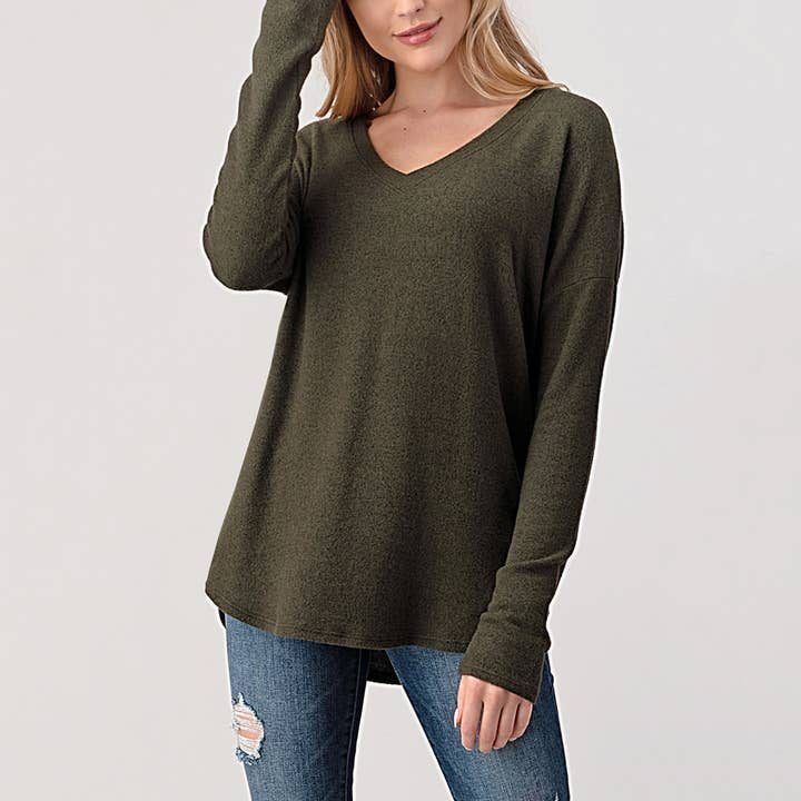 Heimious – Engroshandel Strikket top - Dame – Langærmet V-hals børstet strik top, 273883