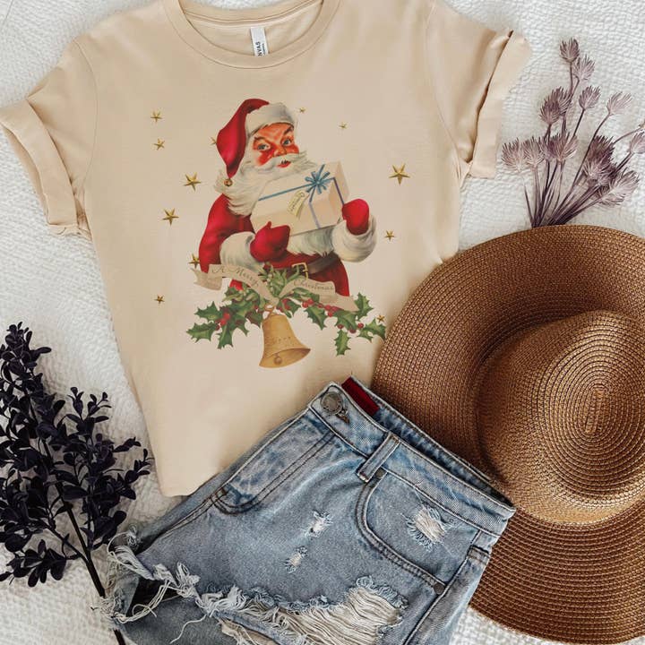 Vintage Santa with a present tee for wholesale by RR Tees Wholesale