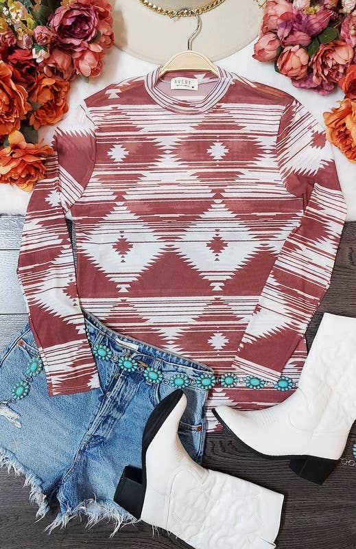 MOCHA AV1230-JOEY GEO PRINT MOCK NECK MESH TOP for wholesale on Faire