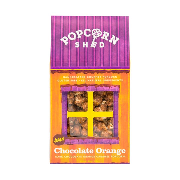 Boîte de collation gastronomique végétalienne au chocolat et à l'orange pour la vente par Popcorn Shed