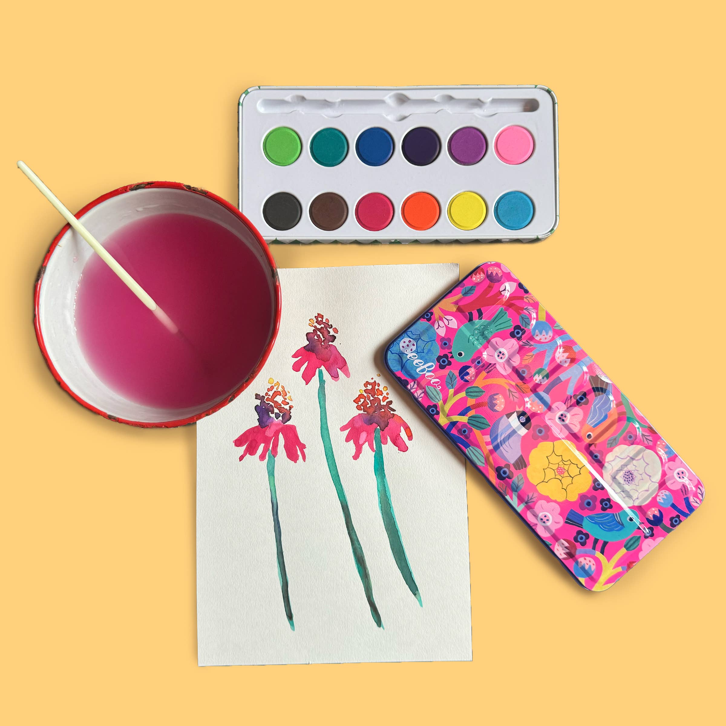 eeBoo - Wholesale Watercolor Paint - Birds in Fuchsia Watercolors Paint Tin4