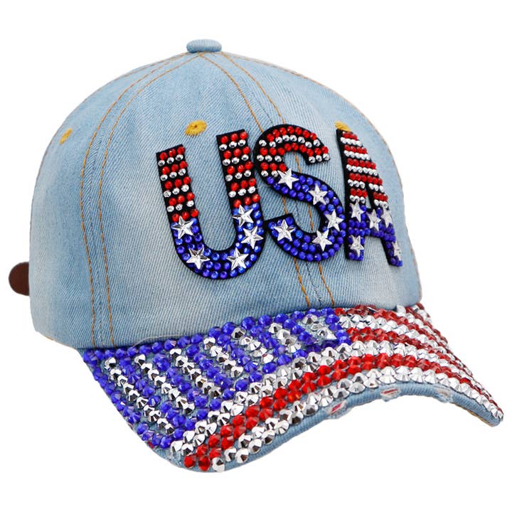Cap Zone - Wholesale Baseball Cap - Women's - USA American Flag Bling Rhinestone Denim Cap