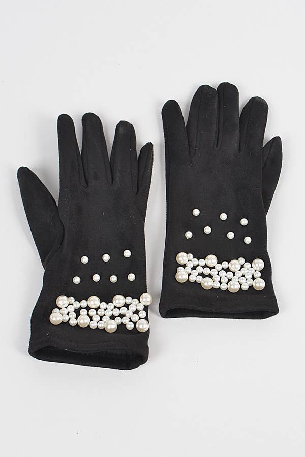 BLACK Faux Suede Gloves W Imitation Pearl for wholesale on Faire0