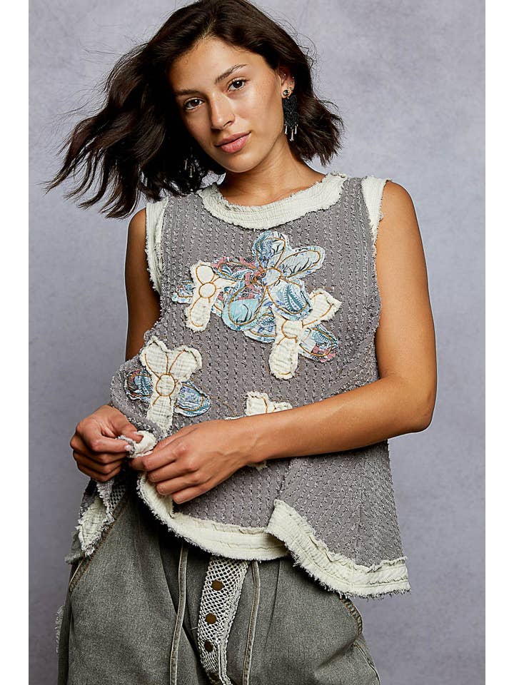 Pol Clothing - Wholesale Blouse - Women's - Round Neck Sleeveless Denim Flower Patch Top