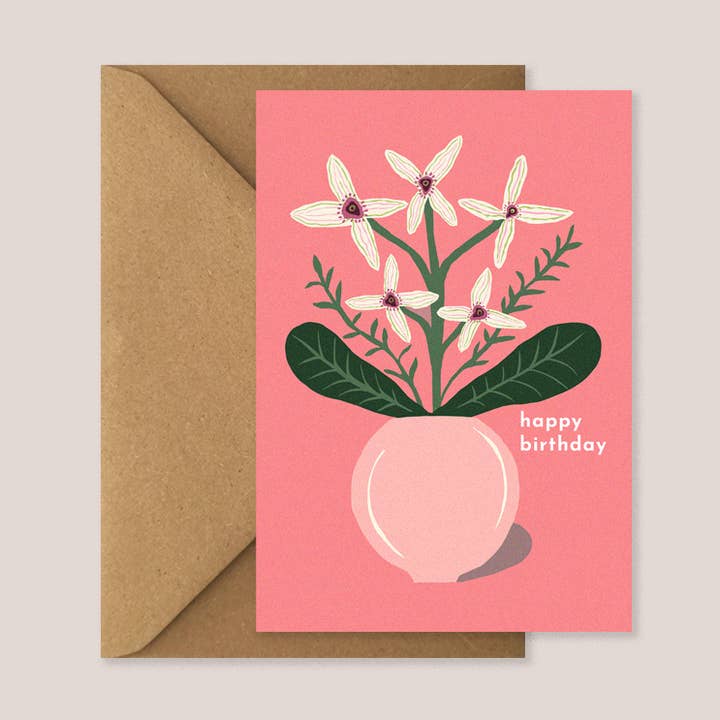 Carte d'anniversaire rose avec des orchidées pour la vente par Kiran Ravilious