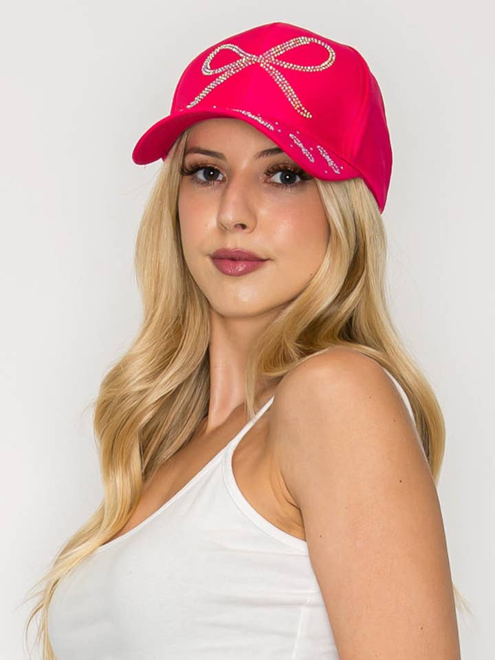 Rhinestone Embellished Long Tail Bow Design Denim Cap for wholesale by SP Sophia Collection