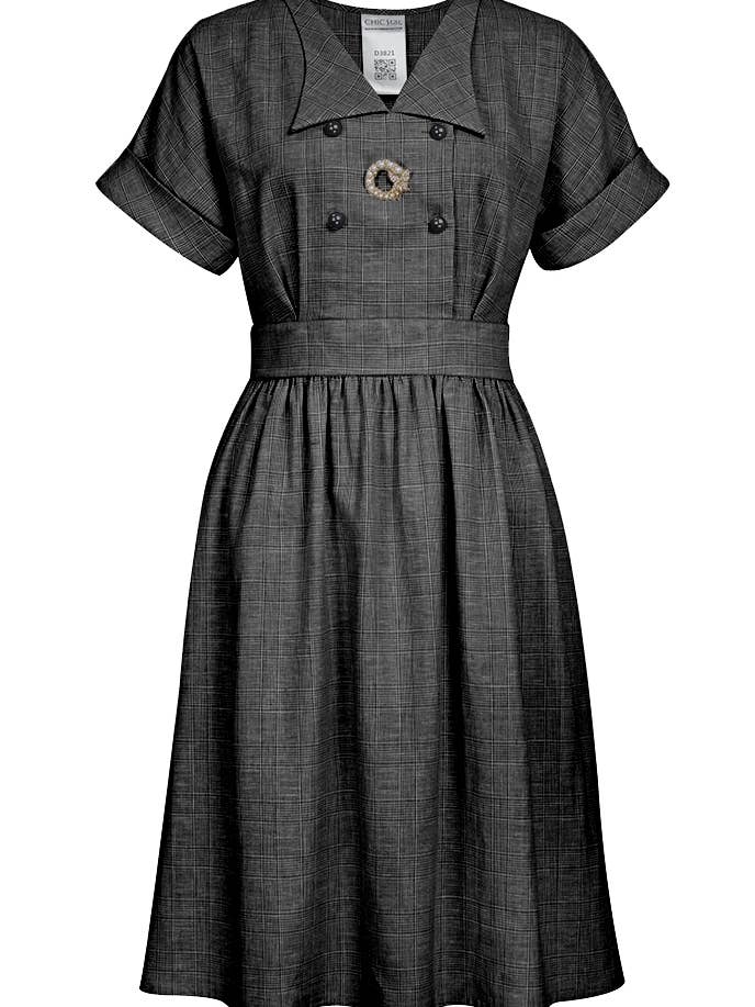 Elegante vestido camisero a cuadros de lino con forma de estrella en negro 042624 para venta al por mayor de CHIC STAR