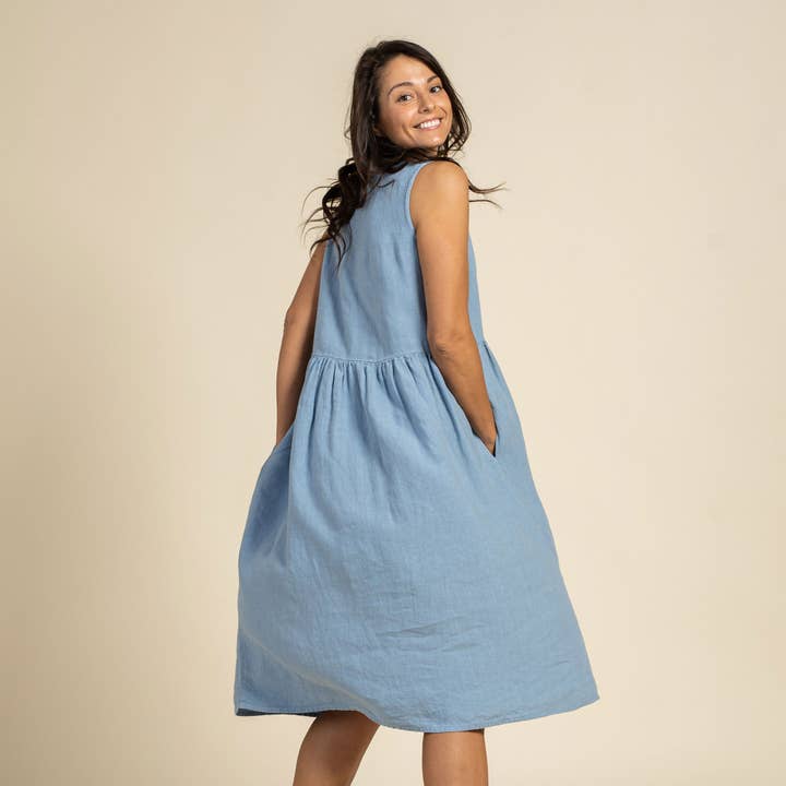 【EEUN】Maya Sleeveless Linen Dress Wholesale Linen Sleeveless Smock Dress Maya - Summer Midi