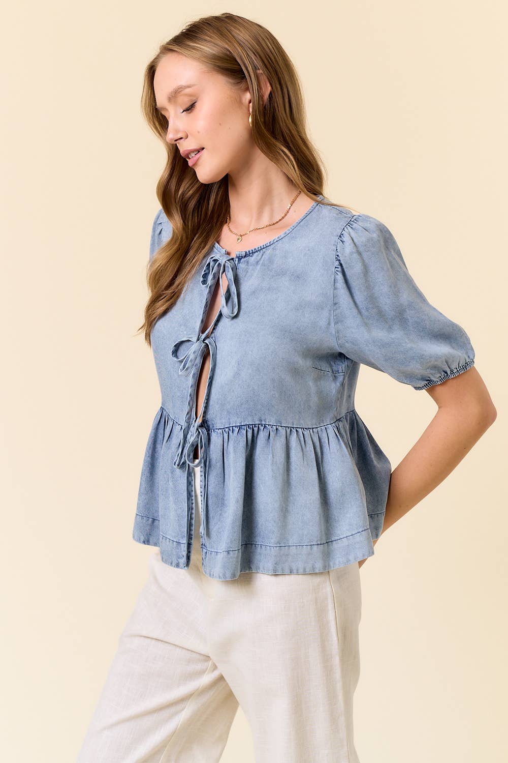 LT DENIM Puff Short Sleeve Bow Tie Front Peplum Top - 44876T for wholesale on Faire2